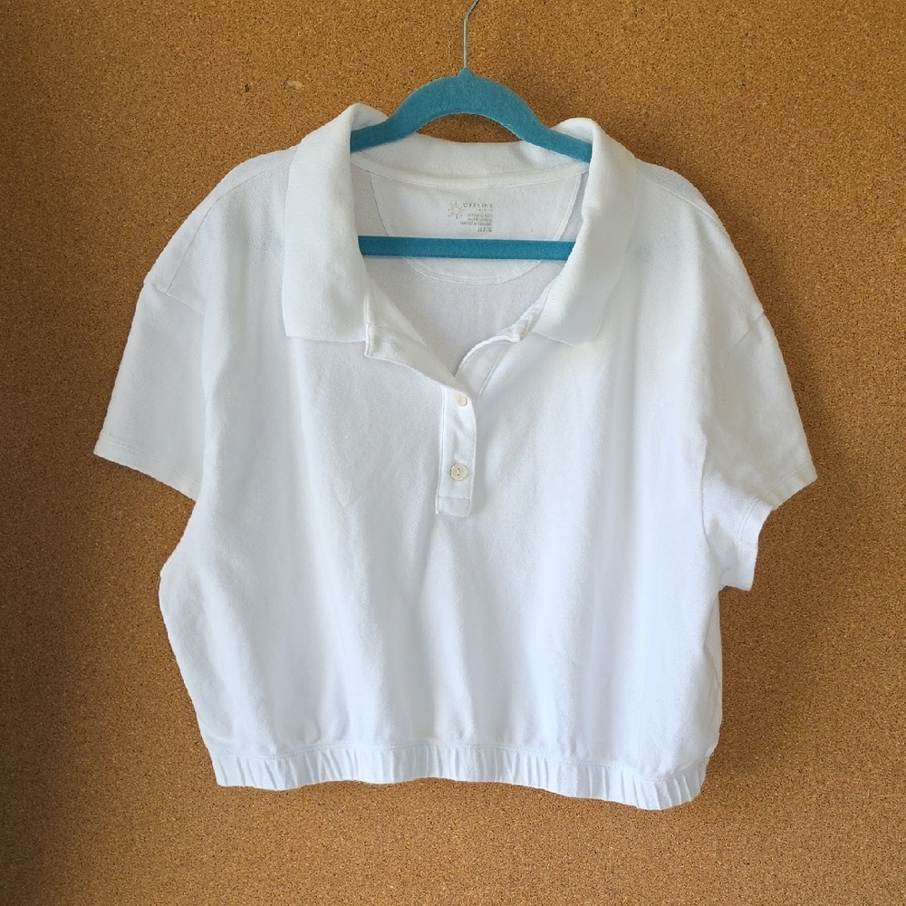 OFFLINE by Aerie White Cotton Collared Crop Top XL Elastic Hem Activewear Sporty